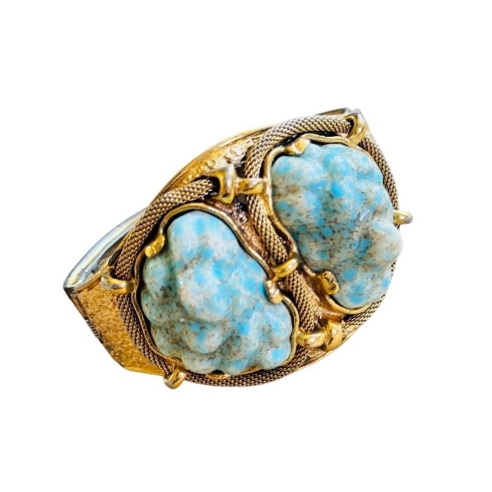VTG Tortaloni Cabochon Clamper Bracelet Blue Molded Glass Gold Chunky Statement